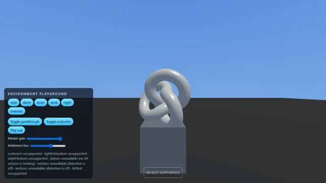 The environment playground with its control panel: preset buttons, passthrough and occlusion toggles, bus sliders and the sensing report