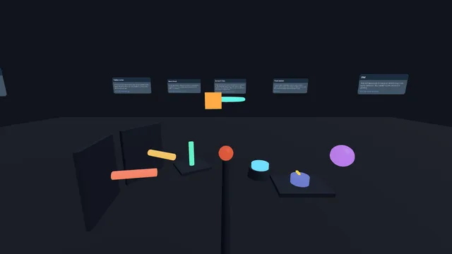 The interaction playground: seven stations on a ring of dark plinths with their description panels above