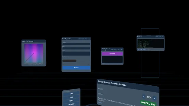 The multiplatform lab on the plain three.js pipeline: the showcase windows on a dark grid