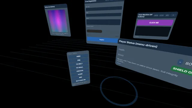 The Window Control hand menu, a vertical stack of buttons, beside the Player Status window it drives