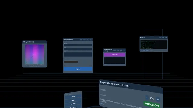 The UI Extensions showcase: six windows floating over a grid floor with two glowing dock regions